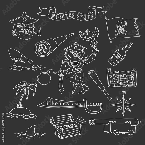 Hand drawn pirate objects collection. Vector illustration. Isolated. 