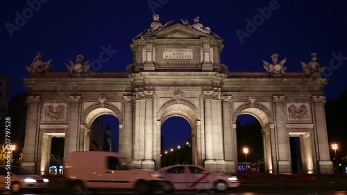 Night view of The Puerta de Alcala in Madrid, Spain - a monument in the Independence Square