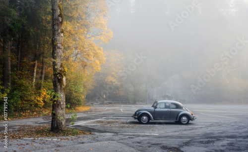 Autumn park in the town of Fussen and a single car in the parking lot Fussen  Germany