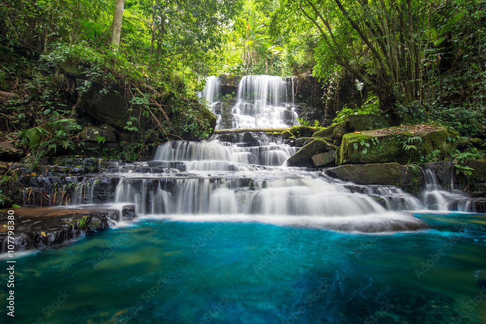 beautiful waterfall in green forest in jungle at phu tub berk mo