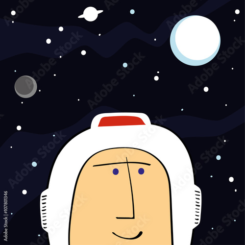 Face of a retro spaceman in his helmet against a backdrop of stars and planets in space