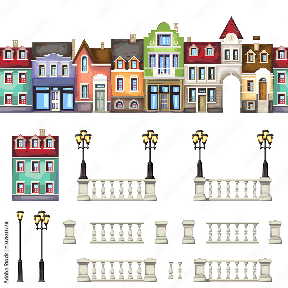 collection of architectural elements . house , street light ,balustrade. vector drawing