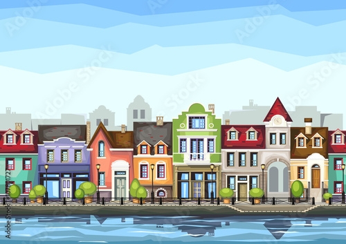 Small town street with coffee shop.Vector illustration of stylized colorfull city landscape.Old town .