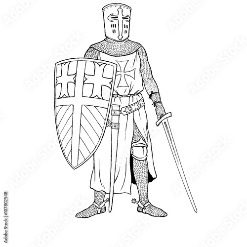 Medieval Crusader knight with axe vector silhouette. EPS 10