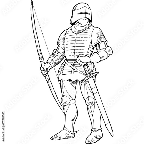 Archer knight with bow detailed vector silhouette. EPS 10 

