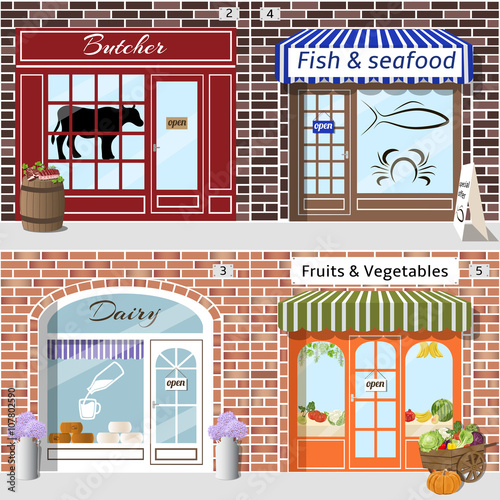Set of shops. Butcher, fish, dairy, fruits and vegetables.