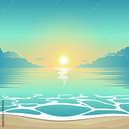 Vector summer background illustration beach at sunset with waves and clouds, seaside view poster