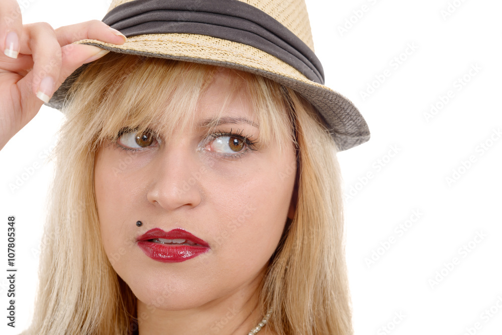 beautiful young pretty blonde woman with summer hat