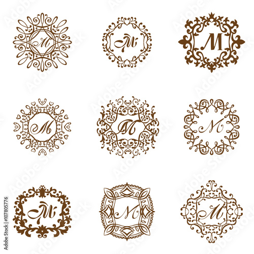 Set luxury monogram template flourishes calligraphic elegant ornament lines vector. 