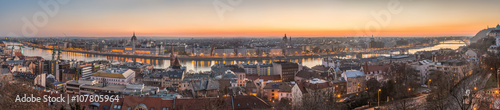 Wide Panorama of Budapest with Hungarian Parliament and Danube River at Dusk