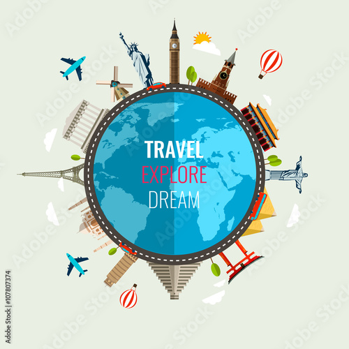 Travel composition with famous world landmarks icons. Vector
