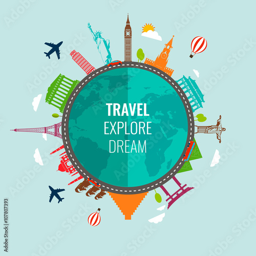 Travel composition with famous world landmarks icons. Vector