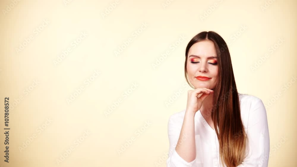 Woman long hair standing with closed eyes colorful makeup 4K Woman long hair standing with closed eyes colorful makeup 4K