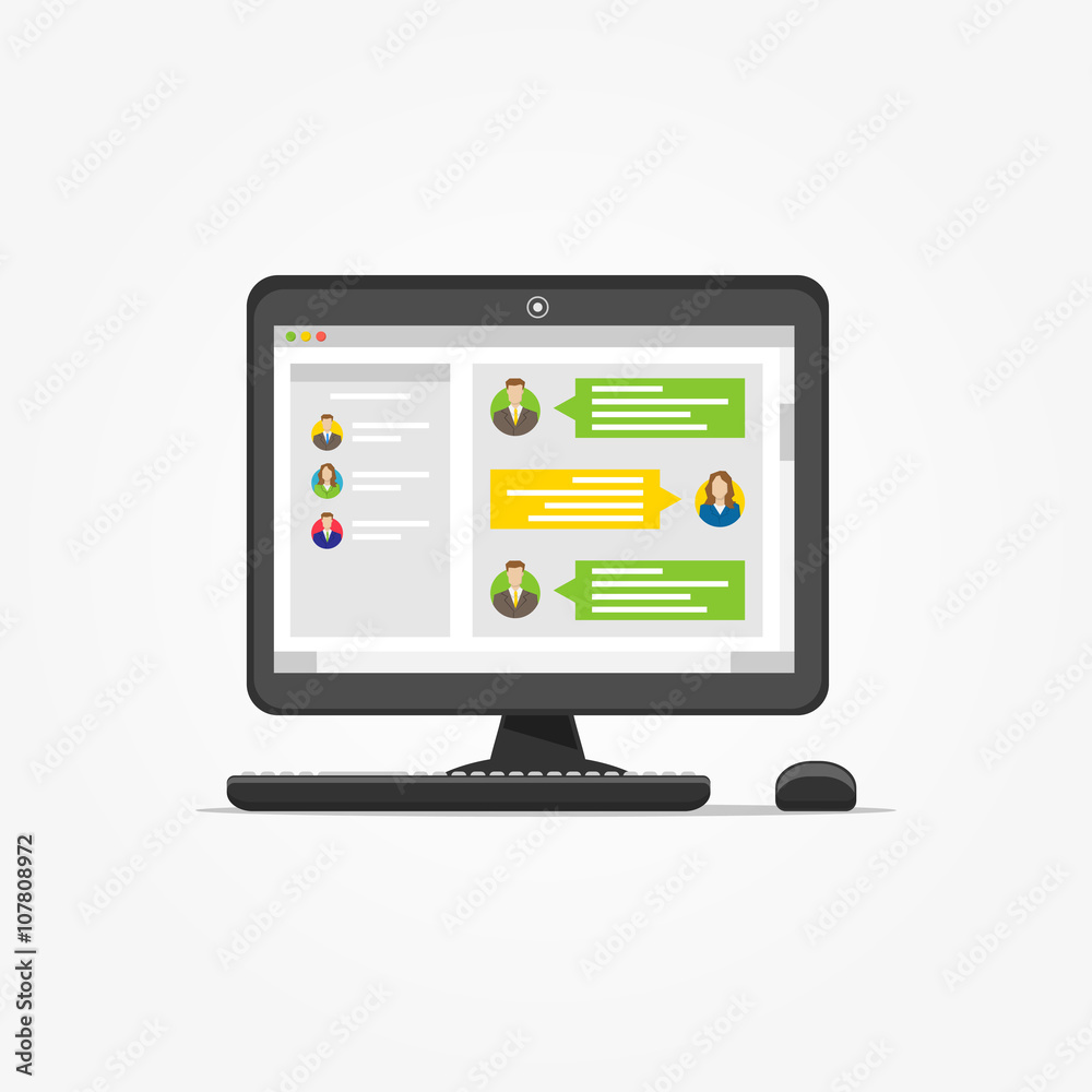 Desktop with messenger application vector illustration. Messenger app creative concept. Application for communication graphic design.
