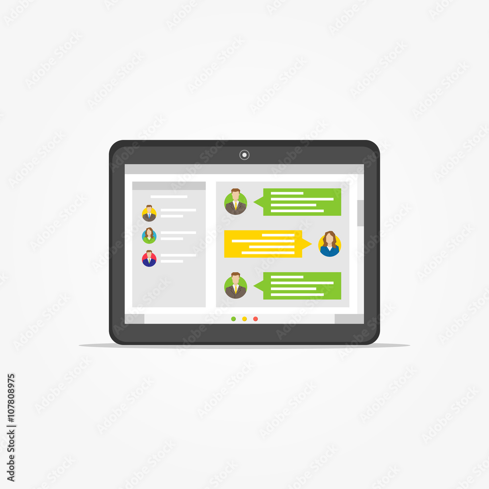 Tablet with messenger application vector illustration. Application for communication graphic design. Messenger app creative concept.
Tablet with messenger application vector illustration. Application for communication graphic design. Messenger app creative concept.
