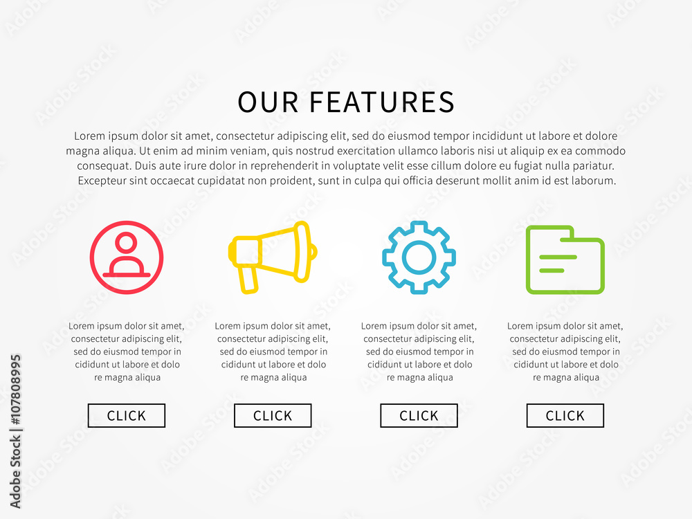 Our features webpage layout vector illustration. Webpage template about company's services and products.
Our features webpage layout vector illustration. Webpage template about company's services and products.