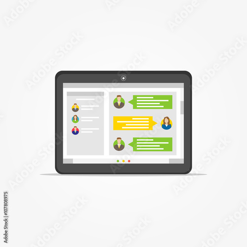 Tablet with messenger application vector illustration. Application for communication graphic design. Messenger app creative concept. 