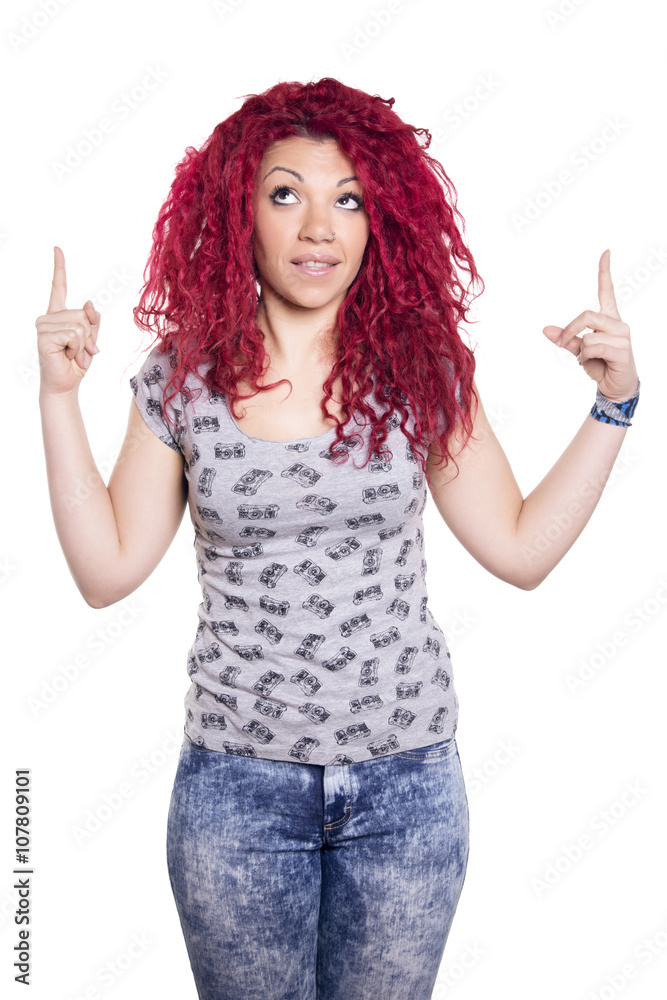Woman pointing and looking upwards. Woman pointing and looking upwards.