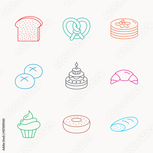 Croissant, pretzel and bread icons. Cupcake.