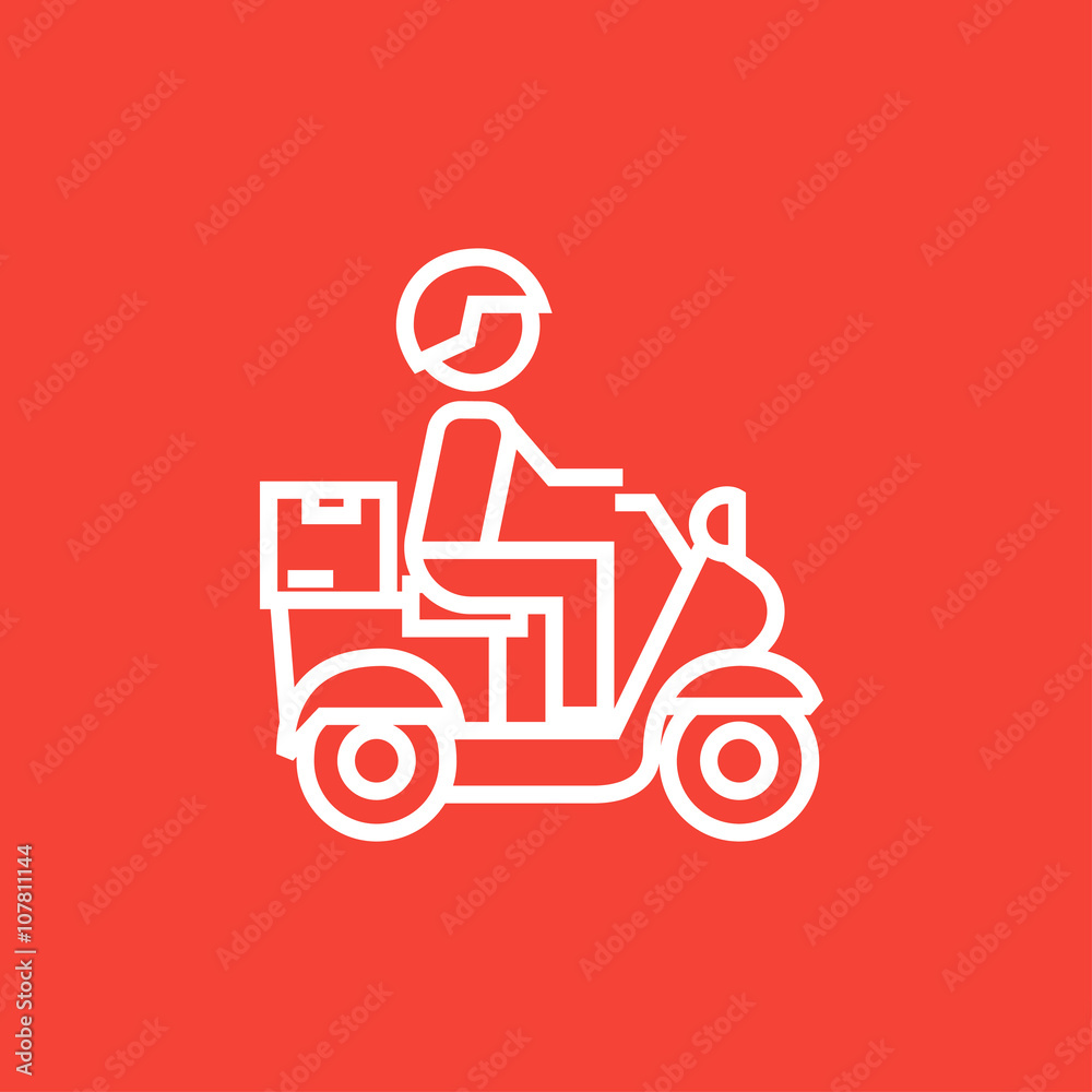 Man carrying goods on bike line icon.