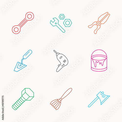 Spanner repair tool, spatula and bolt icons.