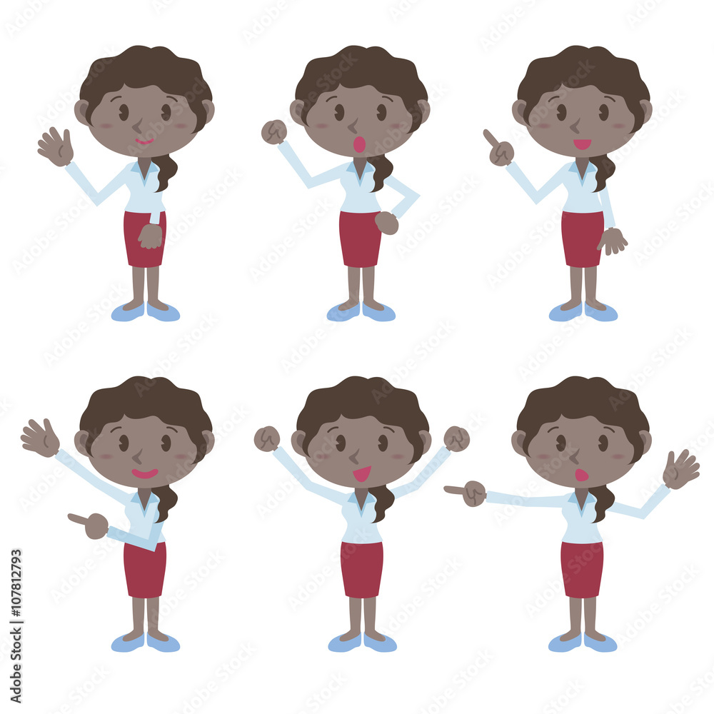 young colored woman character various pose clip art set, vector illustration