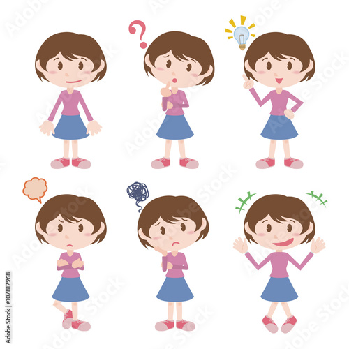 young girl character various feeling clip art set, vector illustration
