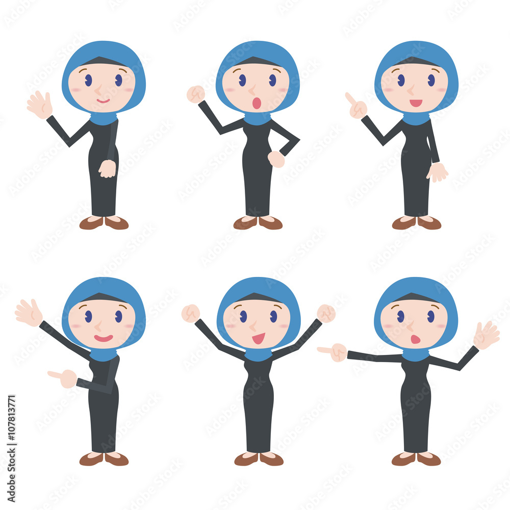 arabian woman character various posing clip art set, wearing hijab and abaya, vector illustration arabian woman character various posing clip art set, wearing hijab and abaya, vector illustration