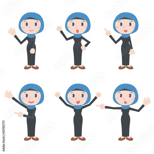 arabian woman character various posing clip art set, wearing hijab and abaya, vector illustration