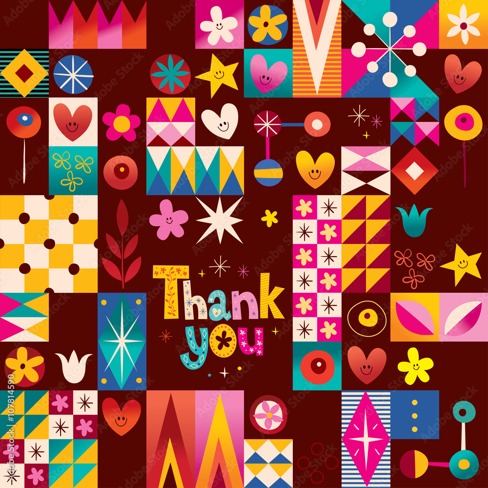 Fototapeta thank you card with hearts, stars and flowers retro abstract art
