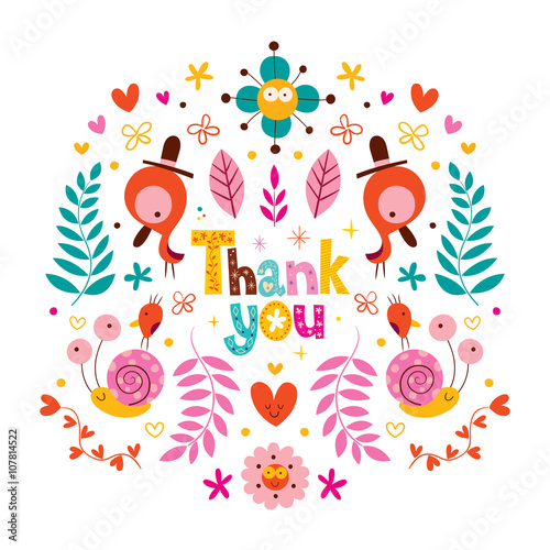 thank you card with flowers, birds, snails characters nature vector illustration