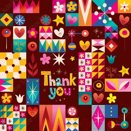 thank you card with hearts, stars and flowers retro abstract art