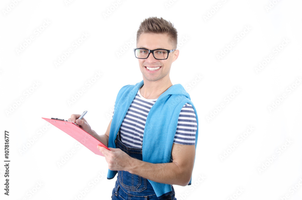 Courses of learning a foreign language. Young guy. White background. Courses of learning a foreign language. Young guy. White background.