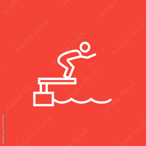 Swimmer jumping from starting block in pool line icon.
