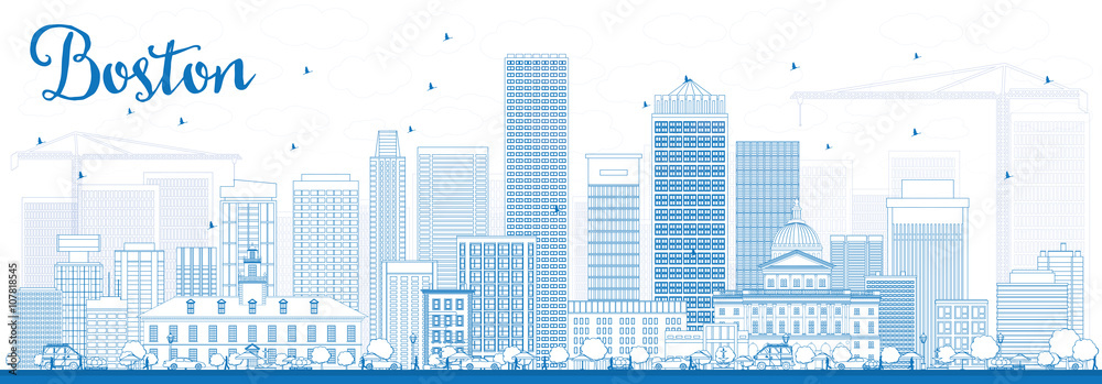 Outline Boston Skyline with Blue Buildings. Outline Boston Skyline with Blue Buildings.