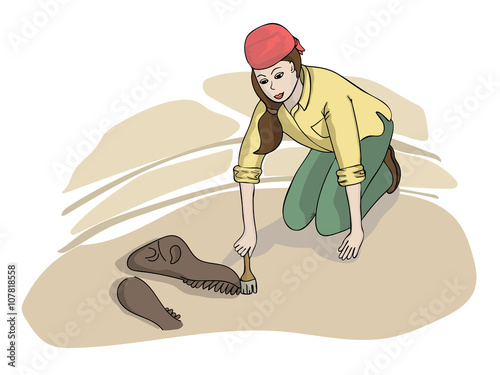 Girl Archaeologist Discovering Fossil. Cartoon illustration 
