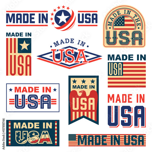 Made in America (USA) – set of different labels, badges, stamps.