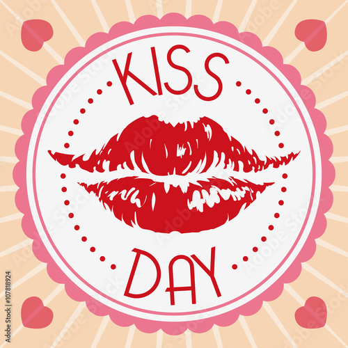 Sexy red lipstick mark in a label with hearts it around commemorating Kiss Day  Vector Illustration