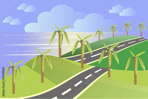 Landscape in the summer. Green hills, a grey asphalt road, blue sky, clouds, sea, palm trees. Modern flat design, design element, vector