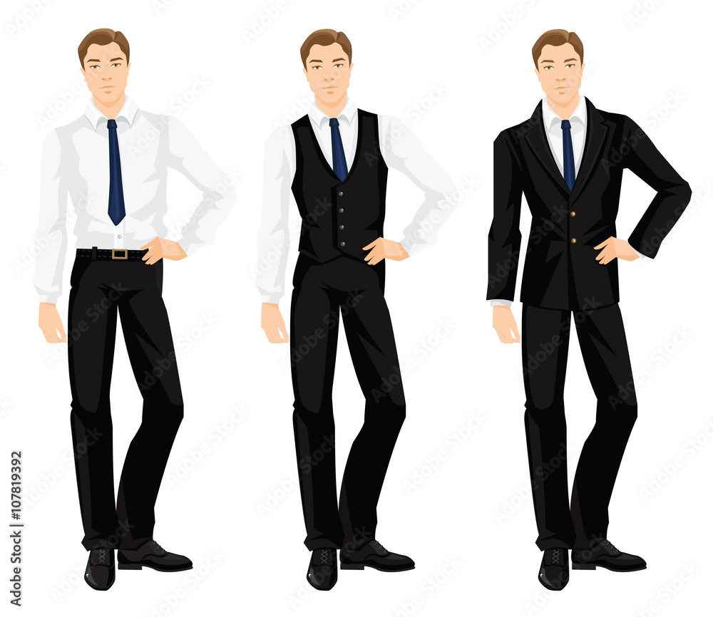 Vector illustration of corporate dress code. Young man in formal black  shoes, white shirt, black pants and black vest. Base wardrobe. Stock Vector  | Adobe Stock