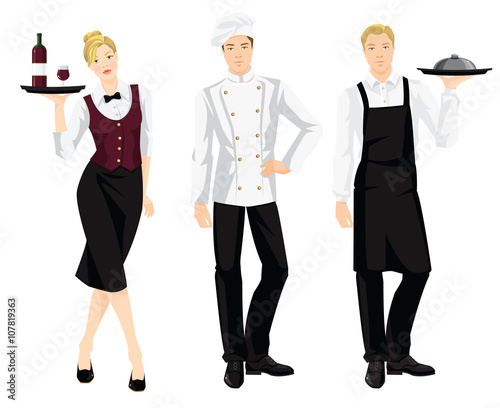 Vector illustration of cook chief, cook and waitress in formal clothes isolated on white background.