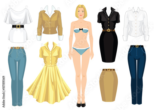 Paper doll with clothes. Body template. Set of template paper clothes. Clothes for office, clothes for holiday