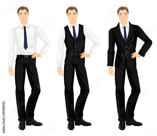 Vector illustration of corporate dress code. Young man in formal black shoes, white shirt, black pants and black vest. Base wardrobe.