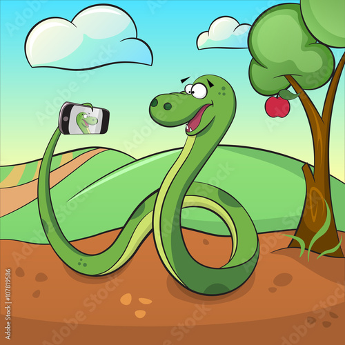 Cute green snake makes selfie.