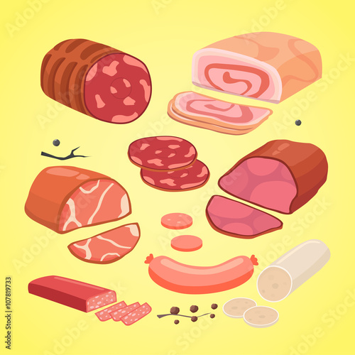  set of different kinds of meat. Vector isolated sausege. 