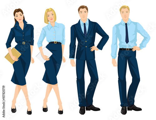 Vector illustration of business people isolated on white. Young woman in blue dress holding document in her hand. Business man in formal blue suit. Blonde girl in formal blue blouse and skirt © joycolor