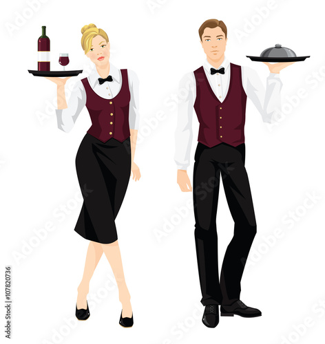 Vector illustration of waiter and waitress in formal clothes isolated on white background.
