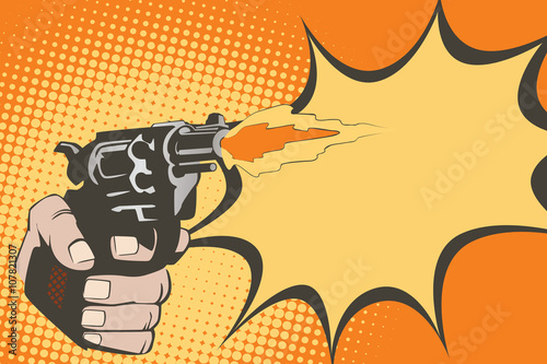 Stock illustration. Hands of people in the style of pop art and old comics. Weapon in hand.