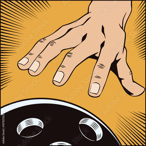 Stock illustration. Style of pop art and old comics. Hand with a bowling ball