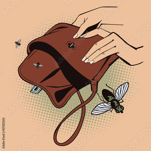 Stock illustration. Style of pop art and old comics. Flies fly out from empty handbag.